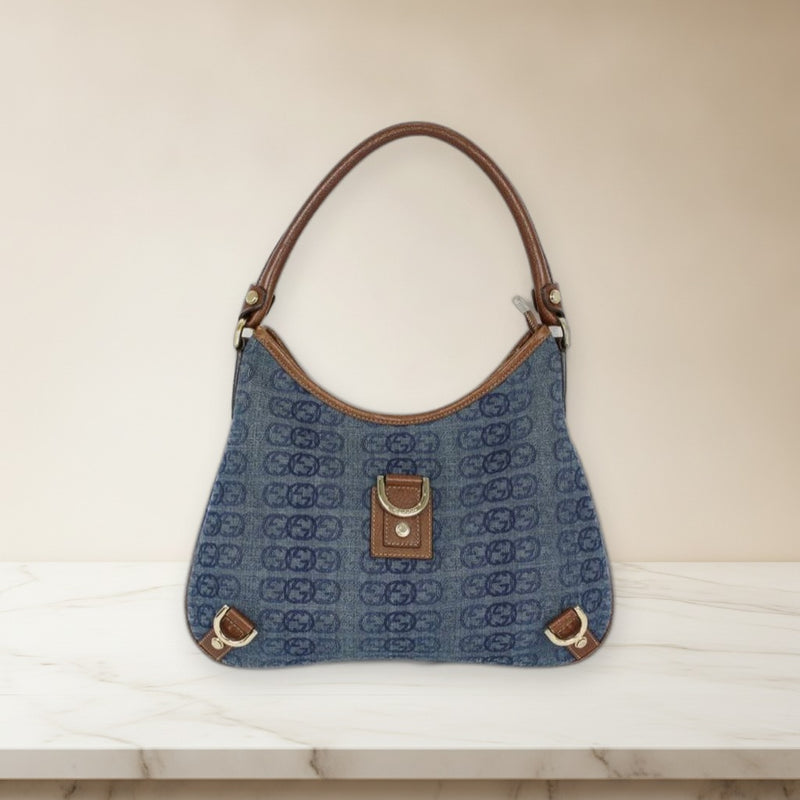 Gucci Abbey Shoulder Bag Gg Pattern Blue Denim Small