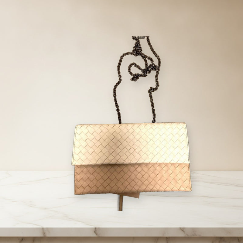 Bottega Veneta Clutch Crossbody Shoulder Bag Leather Beige