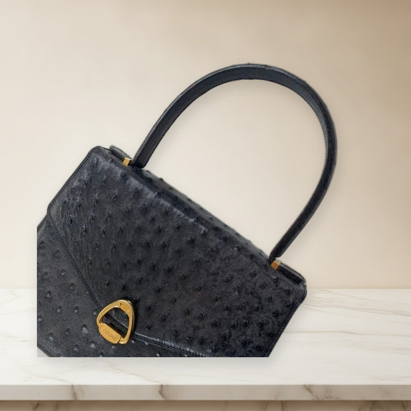Celine Handbag Ostrich Leather Black Gold Hardware Womens
