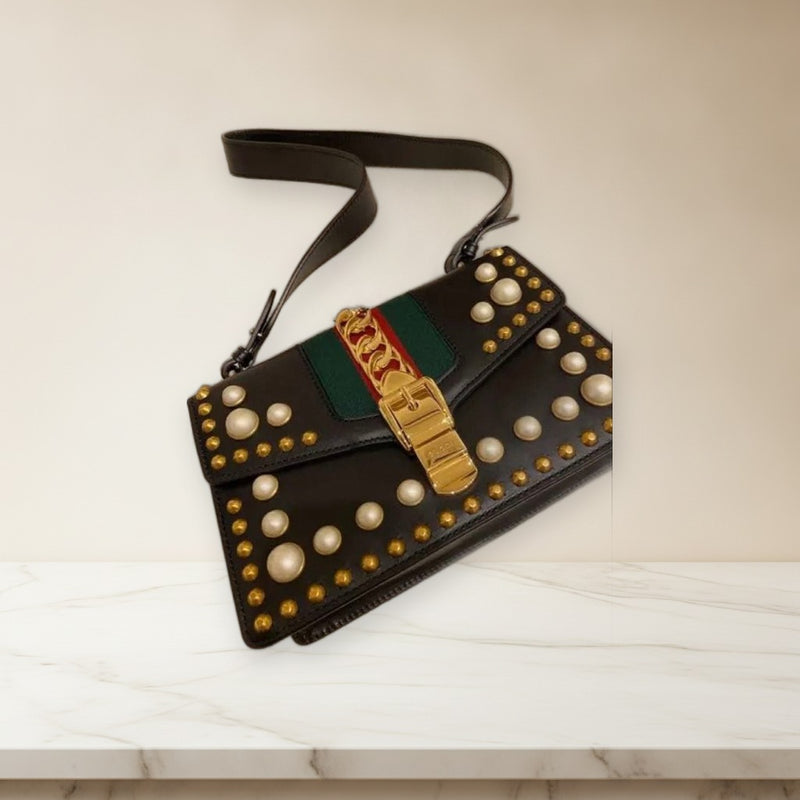 Gucci Sylvie Pearl Studded Handbag Shoulder Bag Black Synthetic Leather