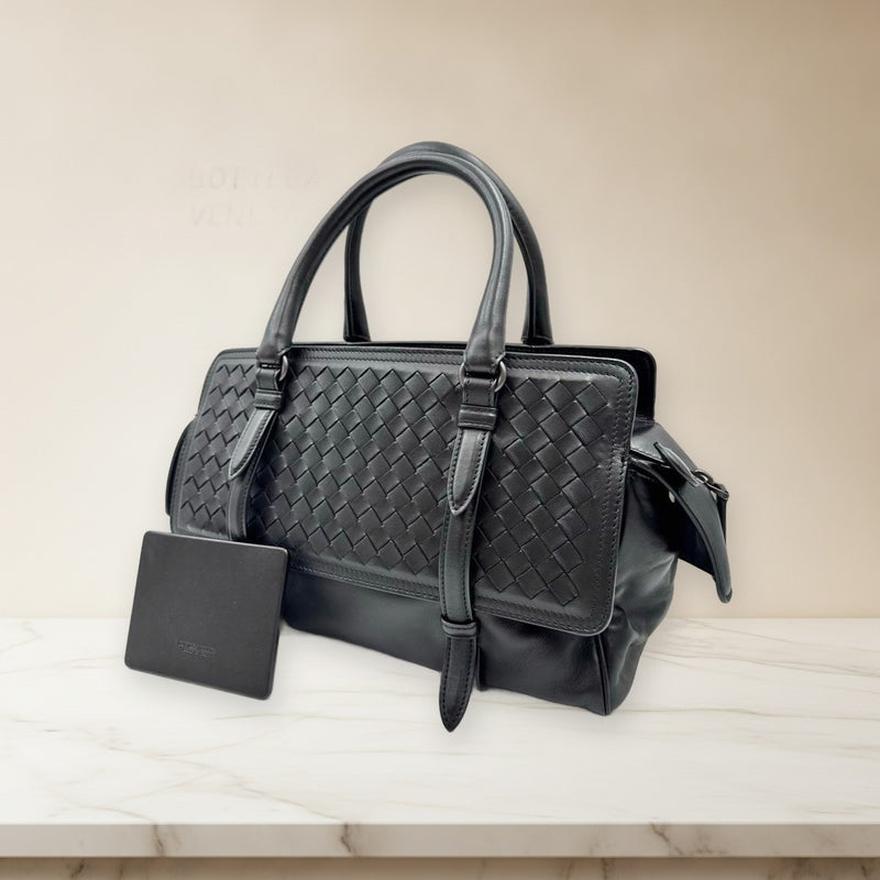 Bottega Veneta Monaco Handbag Shoulder Bag Tote Intrecciato Leather Black