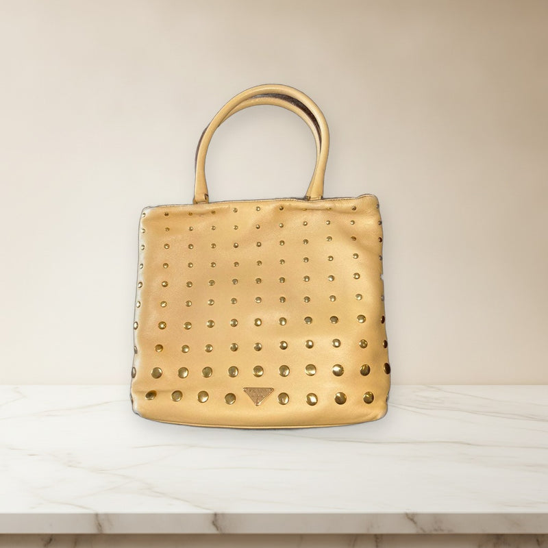 Prada Studded Handbag Tote Beige Leather Satin Interior