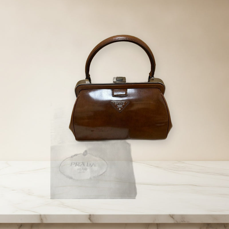 Prada Enamel Handbag Brown Purse Womens