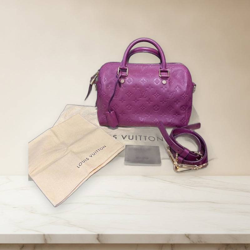 Louis Vuitton Monogram Empreinte Speedy Handbag Wine Red Leather Gold Hardware