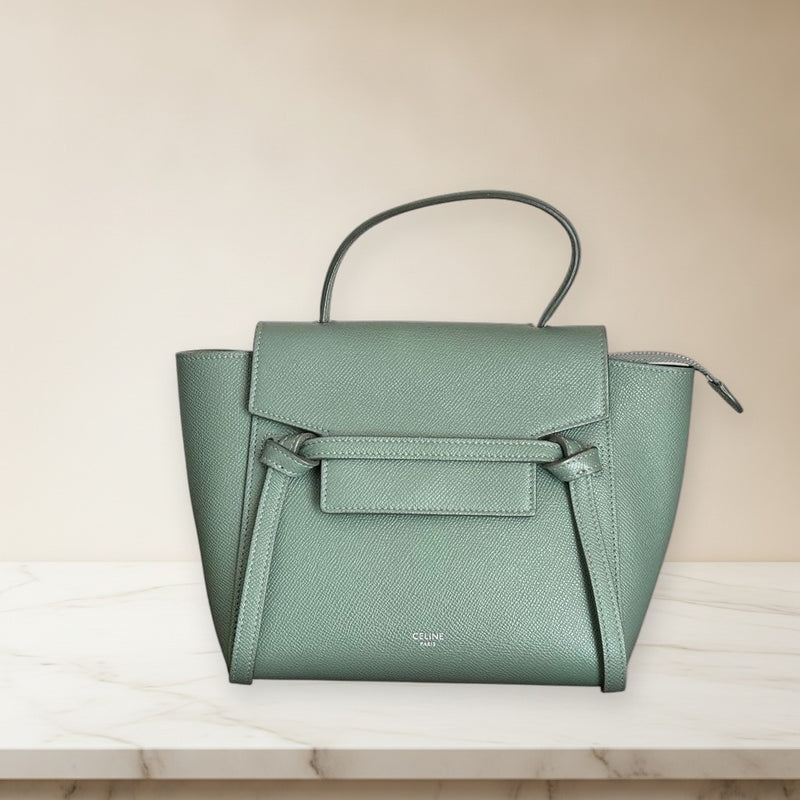 Celine Belt Bag Nano Grained Calfskin Green Handbag Crossbody Silver Hardware