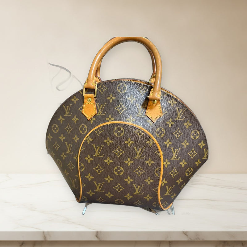 Louis Vuitton Monogram Handbag Brown Leather Gold Zipper