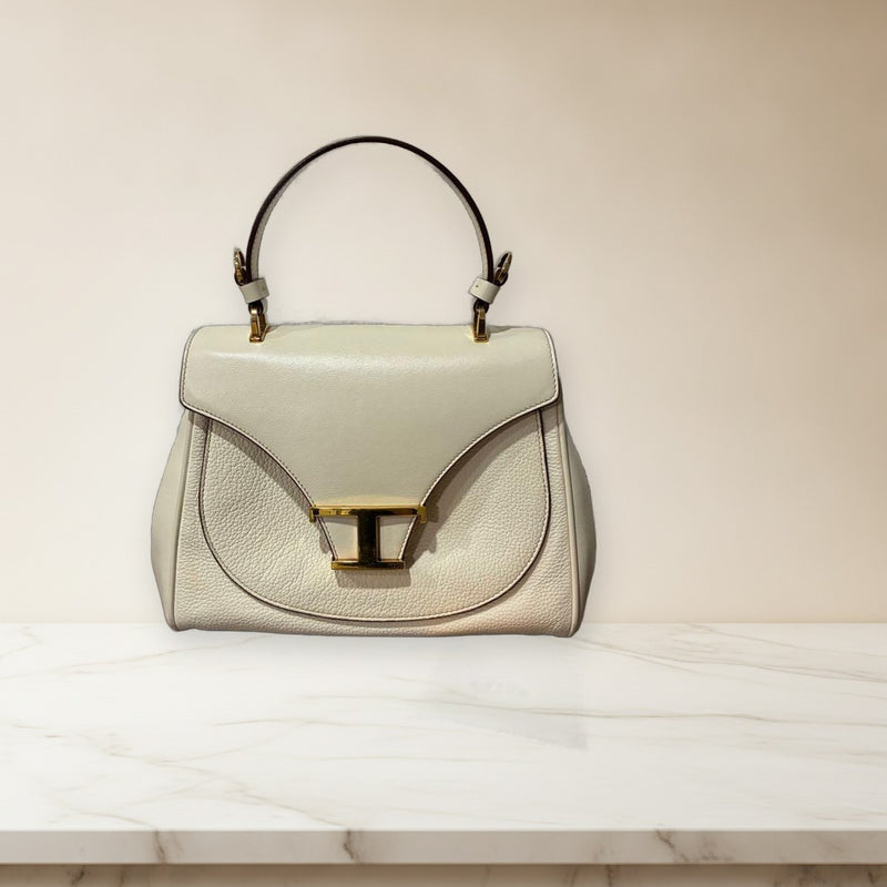 Tods TP41 Shoulder Handbag Smooth Leather Hammered Leather White