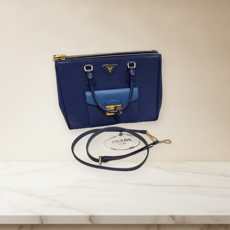 Prada Saffiano Leather 2way Handbag Shoulder Bag Navy Blue