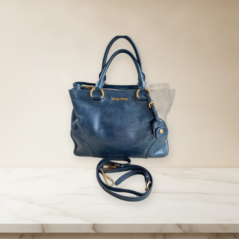 Miu Miu 2-Way Handbag Shoulder Bag Leather Navy