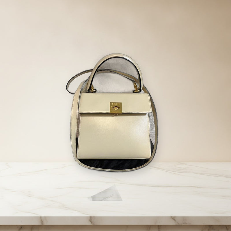 Celine Vintage Box Calf Leather 2way Handbag Shoulder Bag Milk White