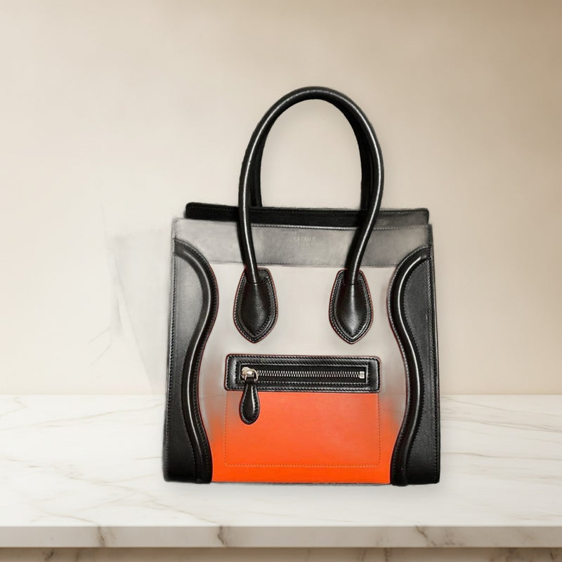 Celine Luggage Phantom Micro Tote Bag Leather Tricolor Orange Black Beige