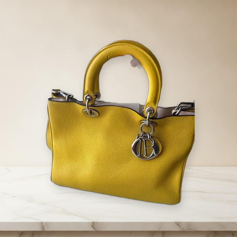 Christian Dior Diorissimo 2-Way Shoulder Bag Handbag Tote Yellow Leather