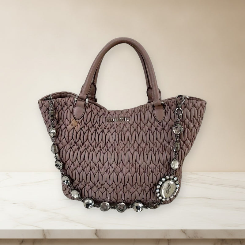 Miu Miu Matelasse Nappa Crystal Tote Hand Shoulder Bag Pink Beige