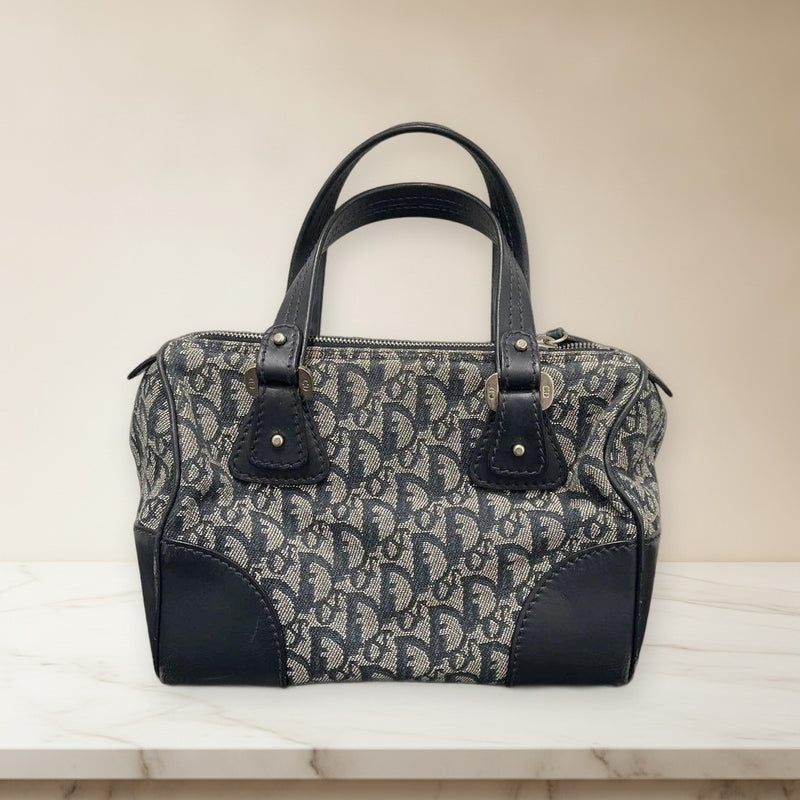 Dior Logo Handbag Canvas Leather Navy Beige