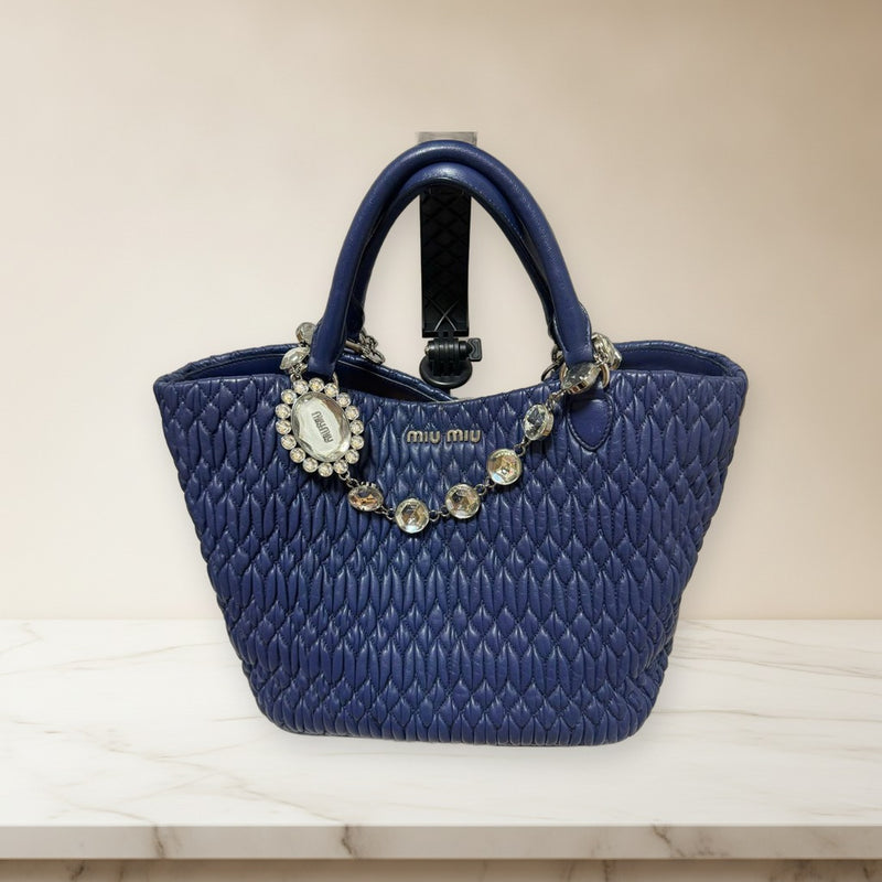 Miu Miu Nappa Crystal Shoulder Bag Crossbody Handbag Navy Leather