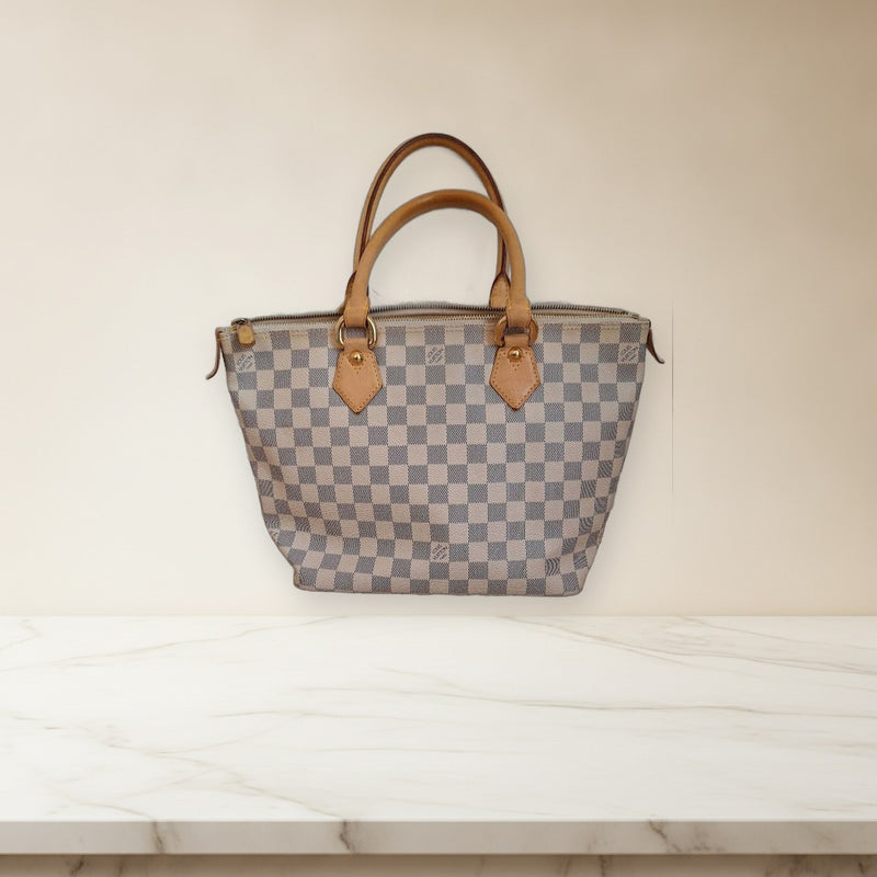Louis Vuitton Damier Azur Pm Handbag Canvas Leather Beige White Gold Hardware