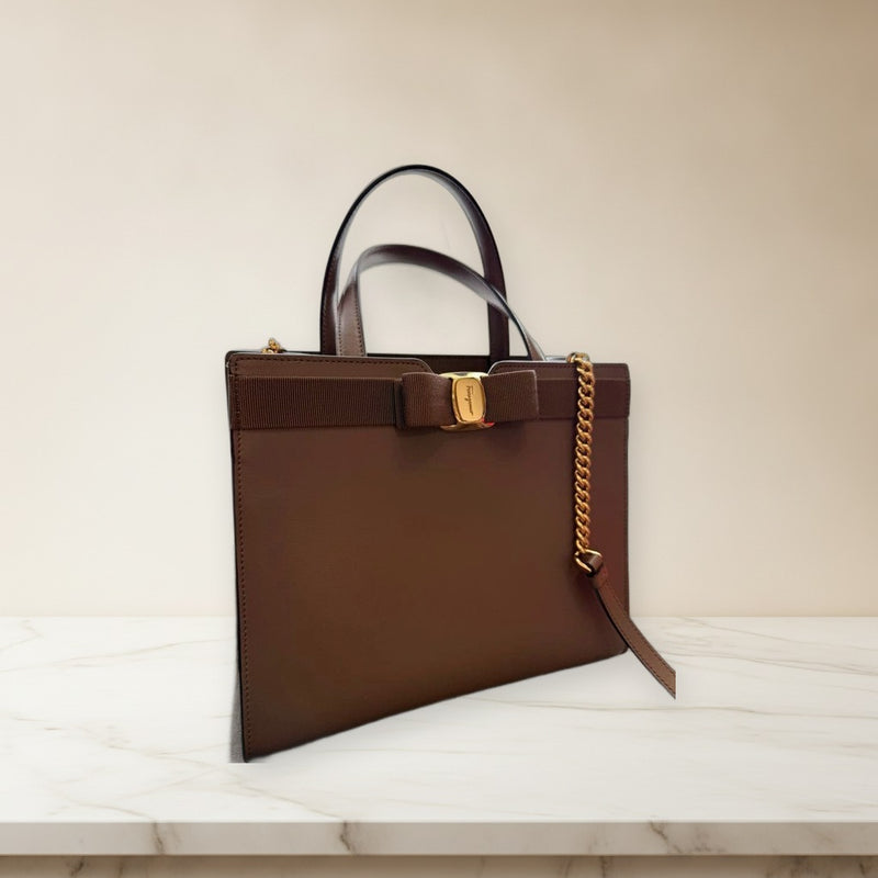 Salvatore Ferragamo Vara Ribbon 2-Way Tote Bag Leather Taupe Greige