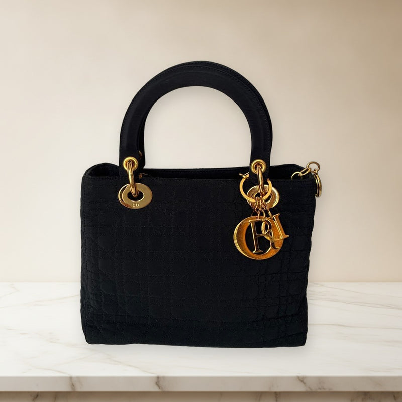 Christian Dior Lady Dior Cannage Mini Tote Handbag Nylon Black Gold Hardware