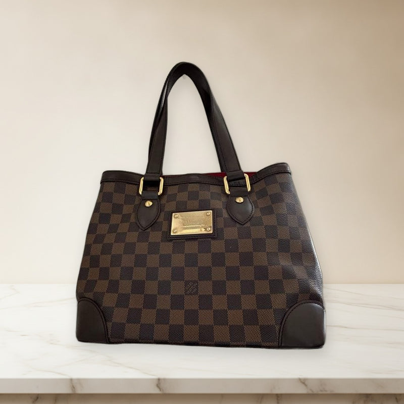 Louis Vuitton Hampstead Pm Handbag Damier Canvas Brown Leather Red Interior