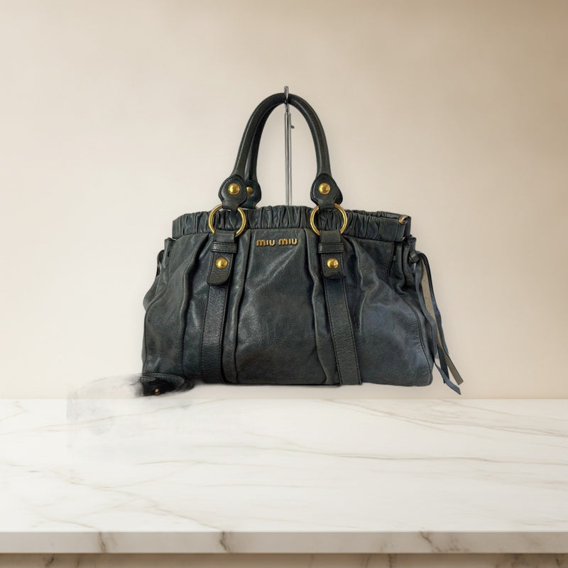 Miu Miu Vitello Lux Ribbon Bag Shoulder Handbag Leather Emerald Green