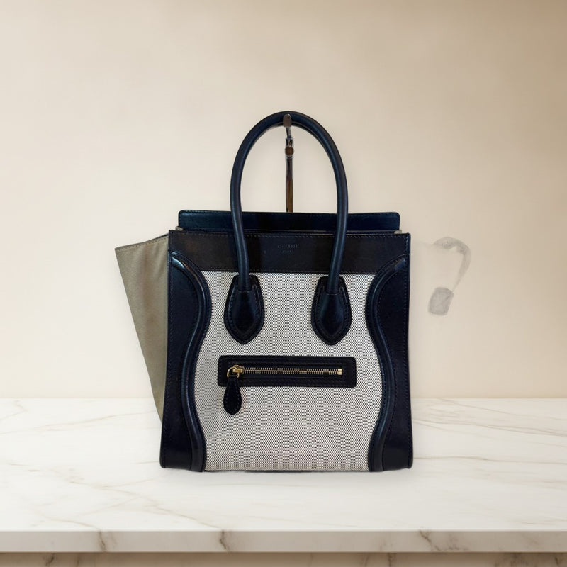 Celine Luggage Micro Shopper Handbag Suede Canvas Leather Tote