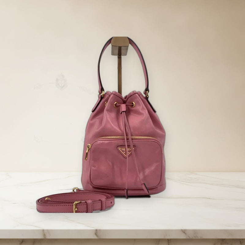Prada Duet 31 E Bucket Bag Saffiano Leather Pink Gold Hardware 2way Shoulder