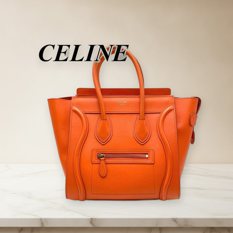 Celine Luggage Micro Shopper Handbag Tote Leather Orange Brown