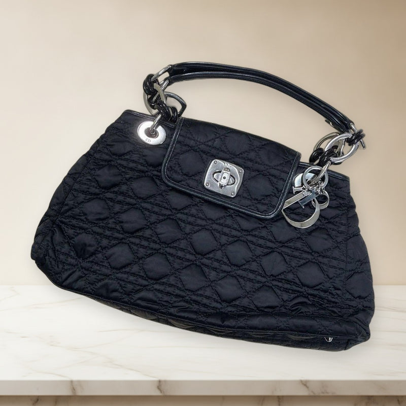 Dior Cannage Quilted Handbag Black Leather