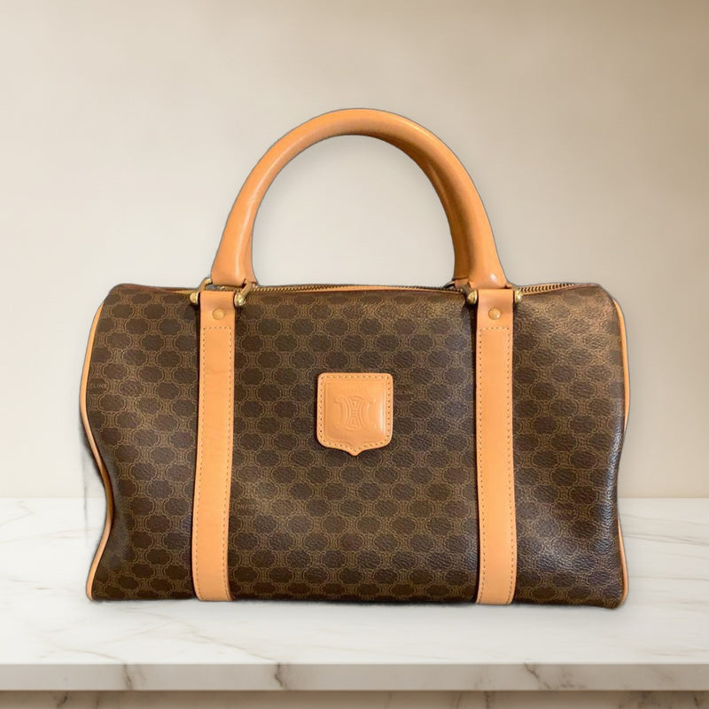 Celine Macadam Boston Bag Handbag Brown Leather