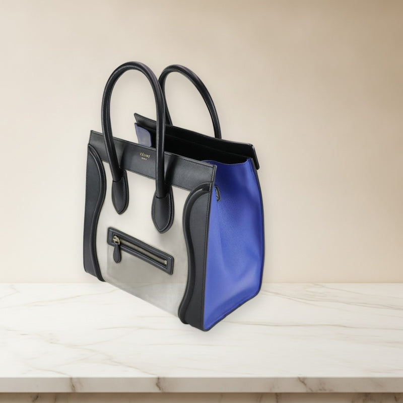 Celine Luggage Micro Shopper Handbag Calfskin Light Navy Ivory Black Gold