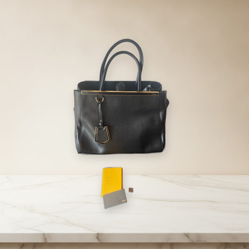 Fendi Deux Jours 2-Way Tote Shoulder Bag Leather Black Gold Hardware