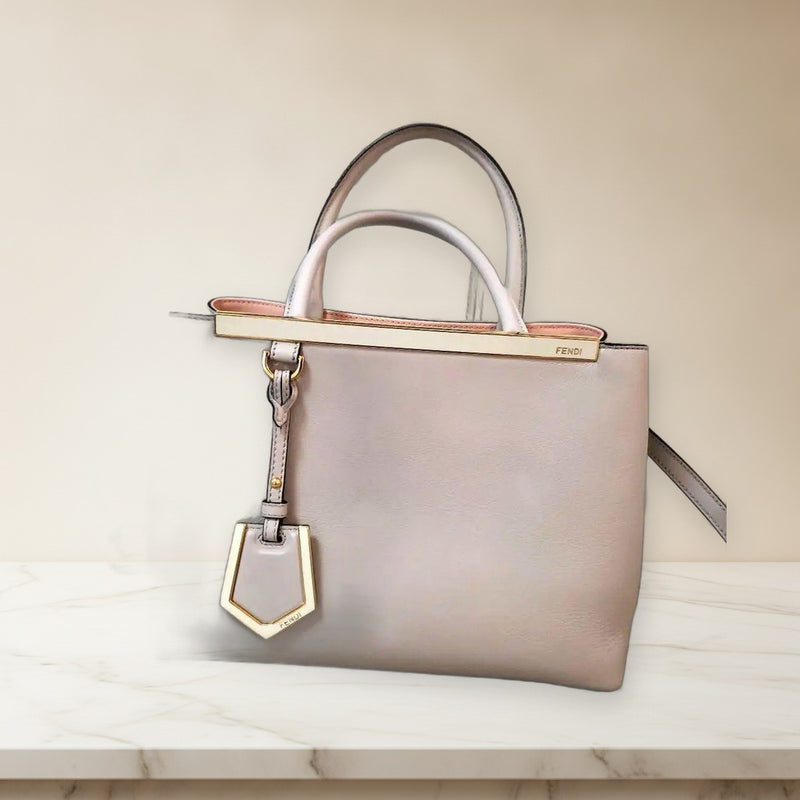 Fendi Petite 2Jours Tote Bag Leather Light Gray Crossbody Shoulder Handbag