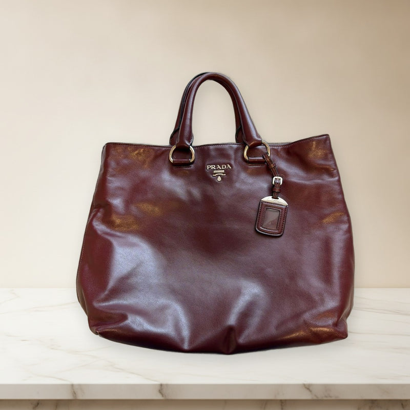 Prada Tote Bag Burgundy Leather Handbag Shoulder Purse