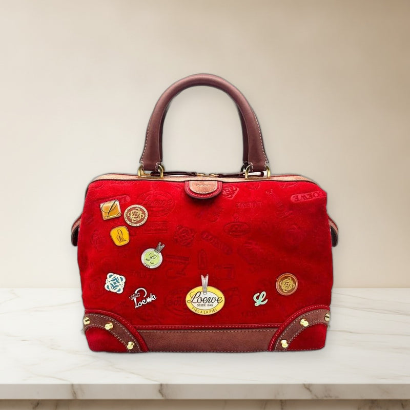 Loewe 160 Anniversario Mini Boston Handbag Red Brown Suede Gold Hardware