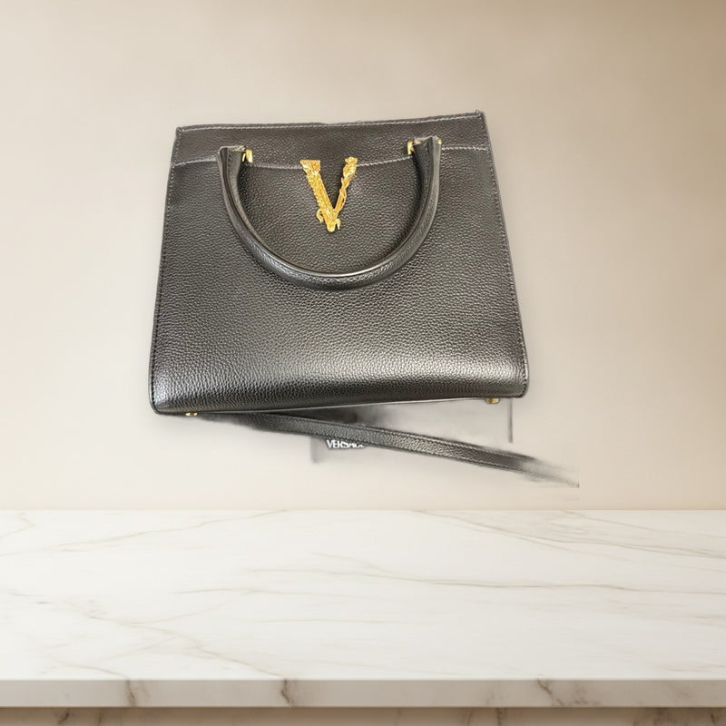 Versace V Logo Handbag Black Leather