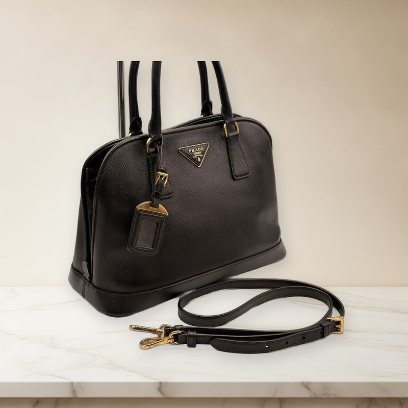 Prada Saffiano Promenade BL0837 2WAY Handbag Black Leather Shoulder Bag