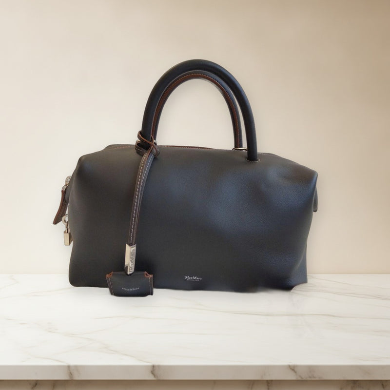 Max Mara Holdall 2Way Crossbody Shoulder Bag Calf Leather Black