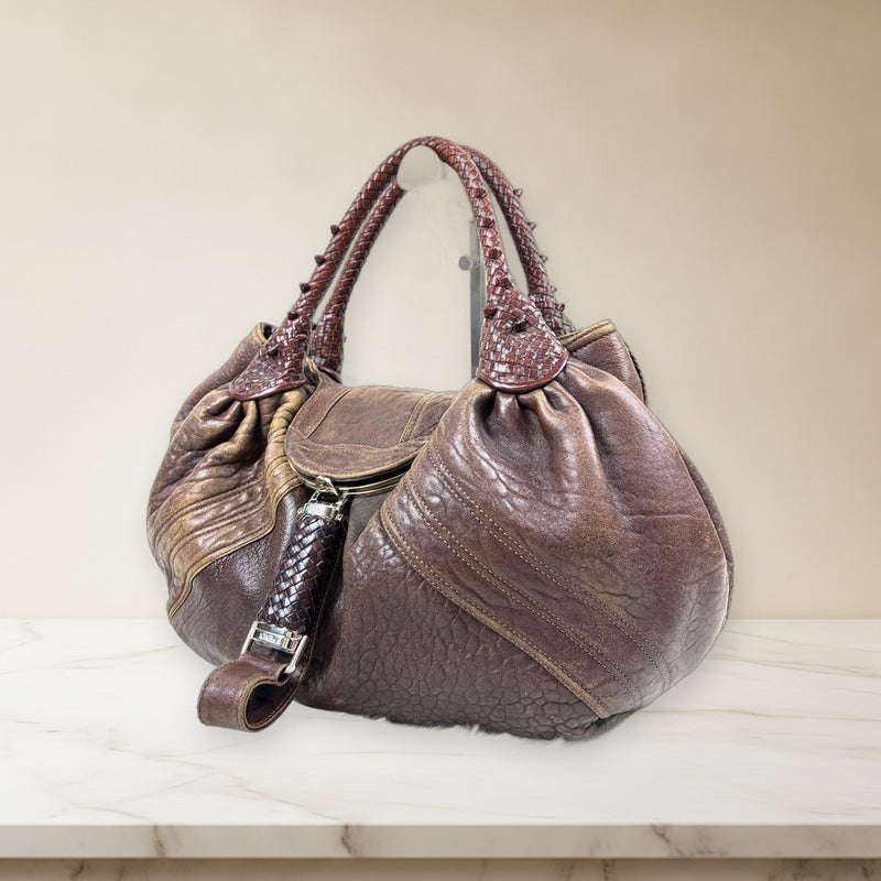 Fendi Spy Bag Handbag Zucca Brown Leather Woven Braided Intrecciato