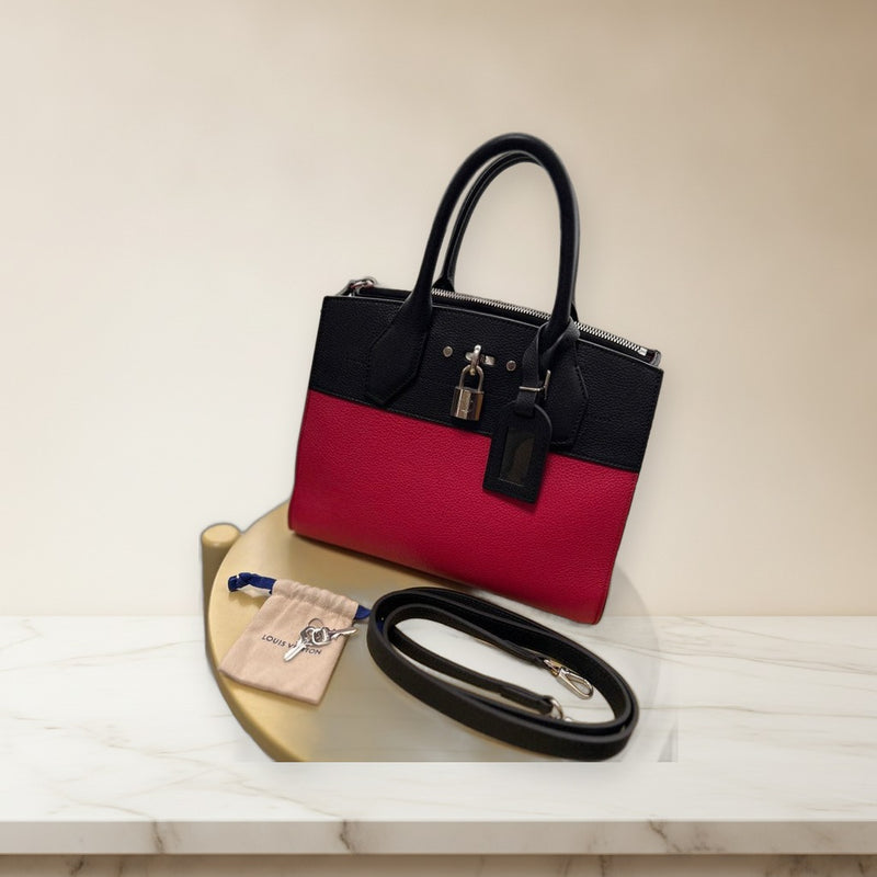 Louis Vuitton City Steamer Pm Handbag Shoulder Bag Black Red Leather