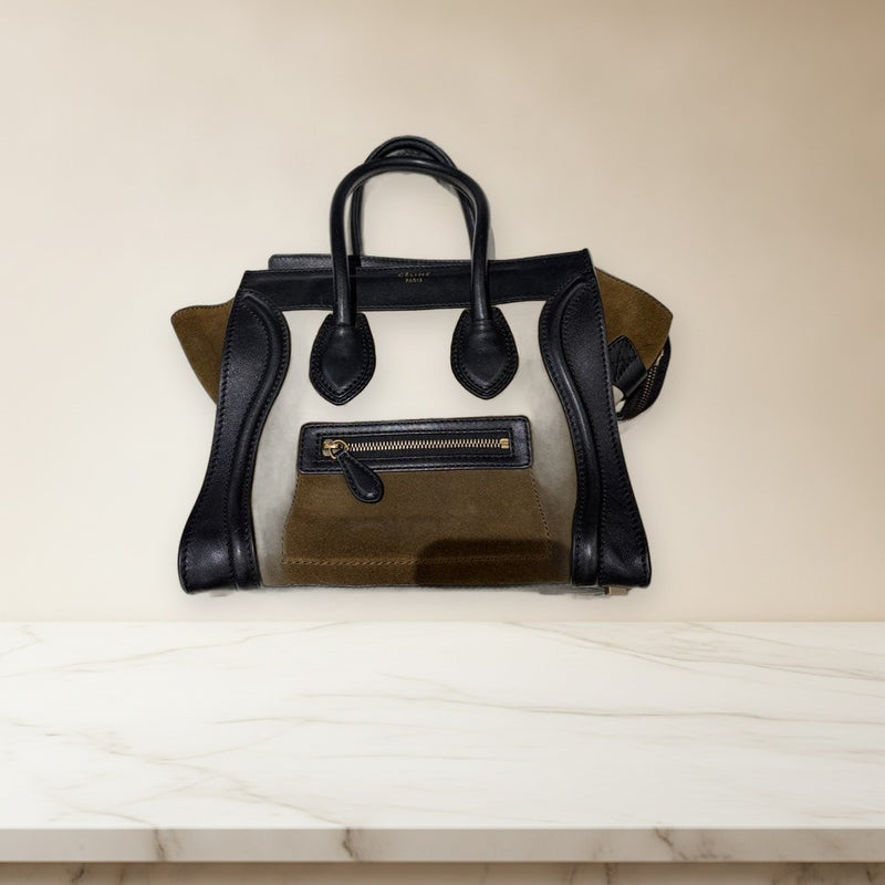 Céline Handbag Suede Leather Khaki Black Mini Tote Bag