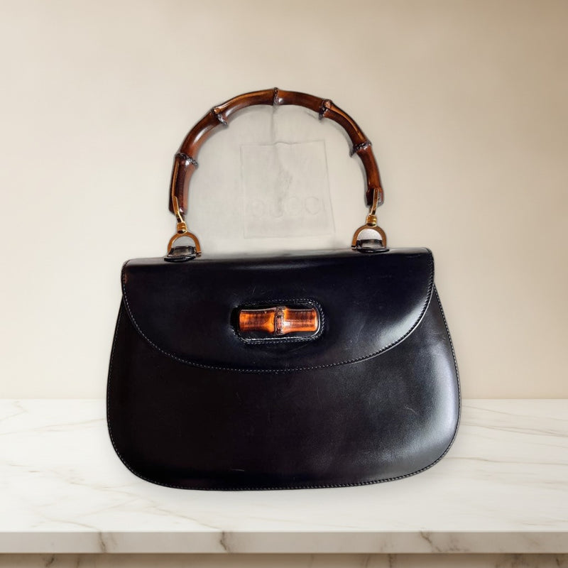 Gucci Old Gucci Bamboo Turnlock Handbag Black Leather Vintage