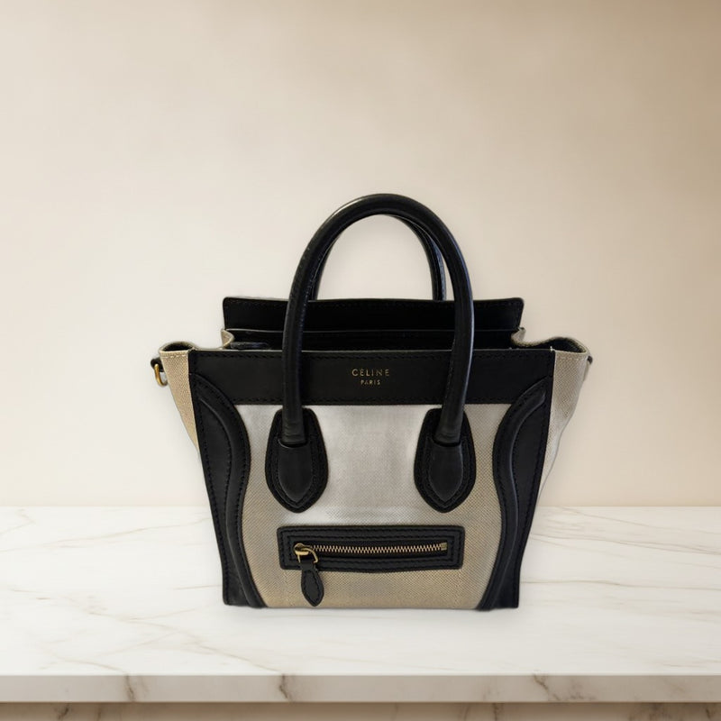 Celine Luggage Nano Tote Bag Canvas Leather Black Beige Antique Gold Hardware