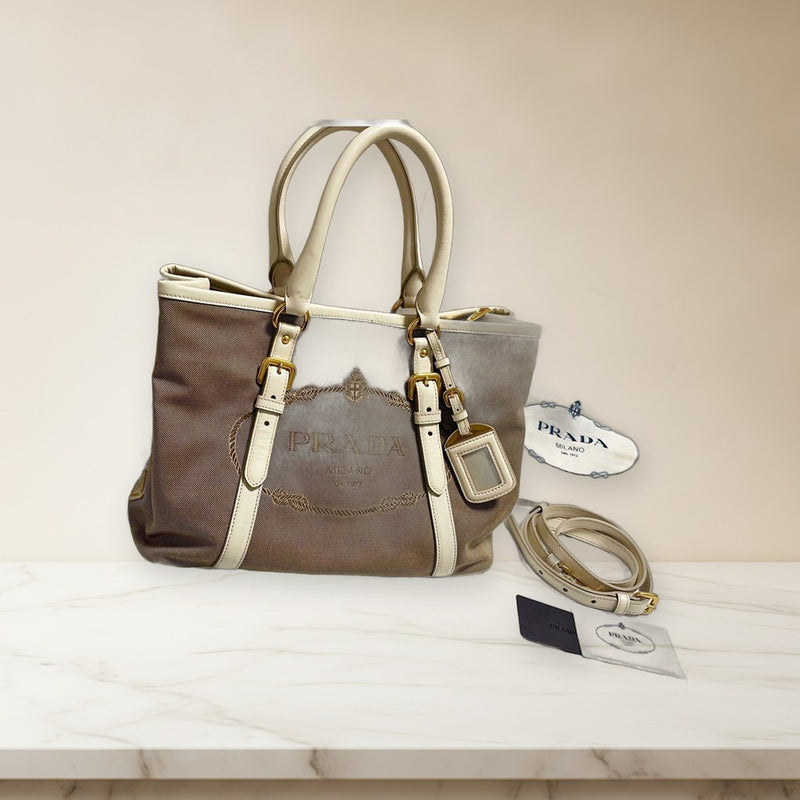 Prada Logo Jacquard 2-Way Shoulder Bag Handbag Canvas Leather Fojoa Corda Talctu
