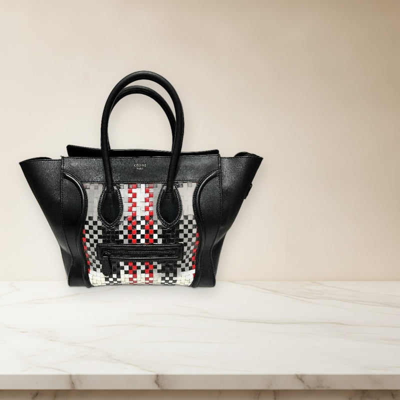 Celine Luggage Medium Shopper Handbag Intrecciato Leather Black Micro-check