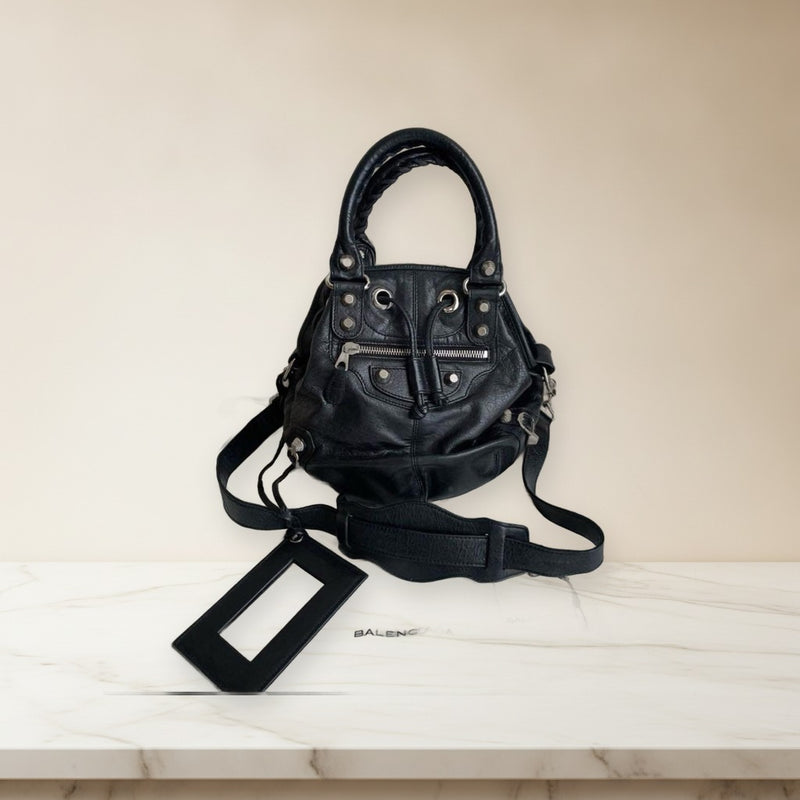 Balenciaga Classic Mini Pompon Handbag Shoulder Bag Black Leather