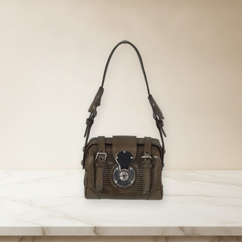 Ralph Lauren Mini Ricky Handbag Lizard Leather Dark Brown