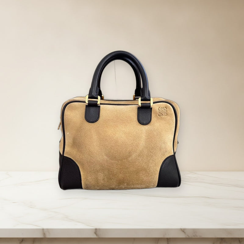 Loewe Anagram 2-Way Handbag Shoulder Bag Suede Leather Beige Black Gold Hardware
