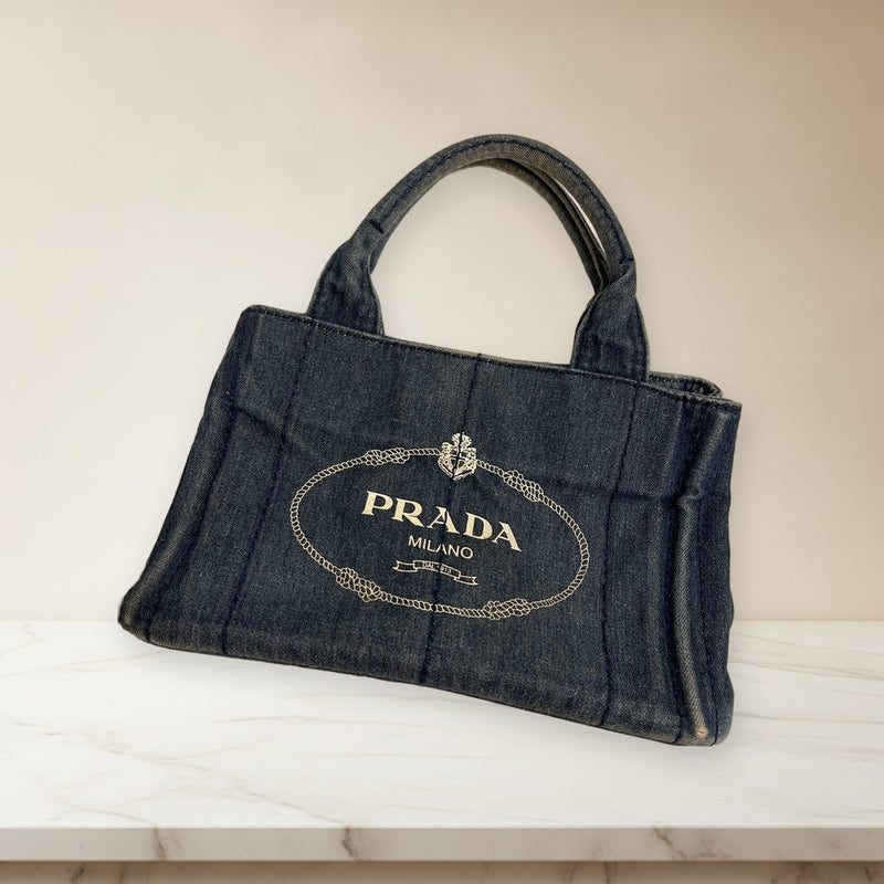 Prada Denim Logo Embroidery Handbag Dark Blue
