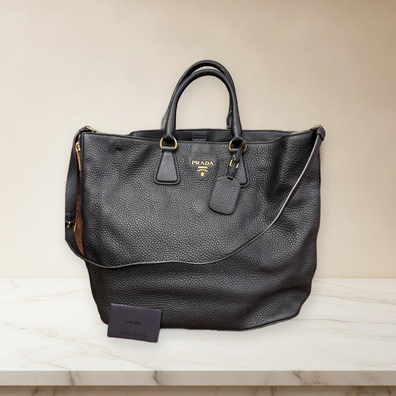 Prada Tote Bag Black Leather Handbag Shoulder Bag