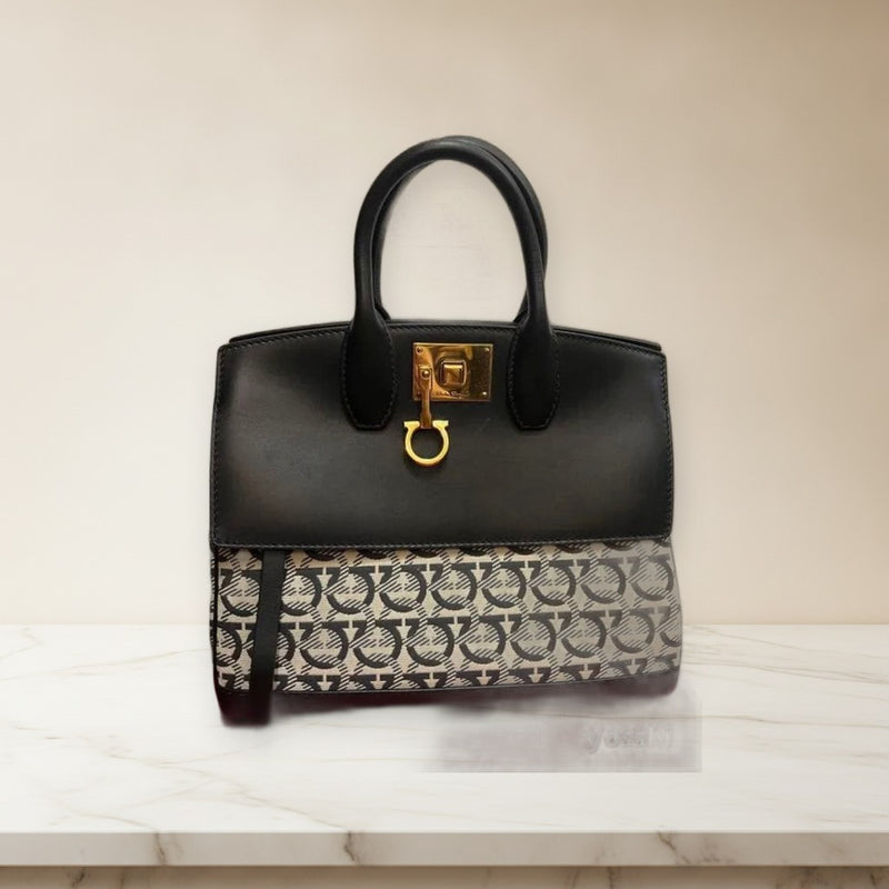 Salvatore Ferragamo Studio Bag Small Handbag Shoulder Bag Leather Fabric Black